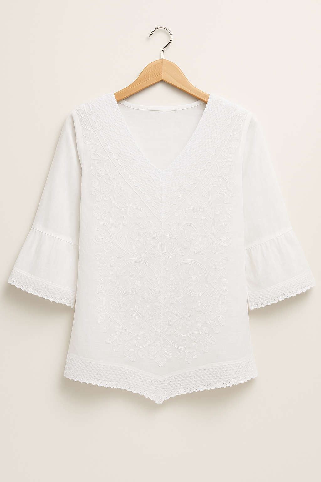 V Neck White Chikankari Style Cotton Linen Kurti