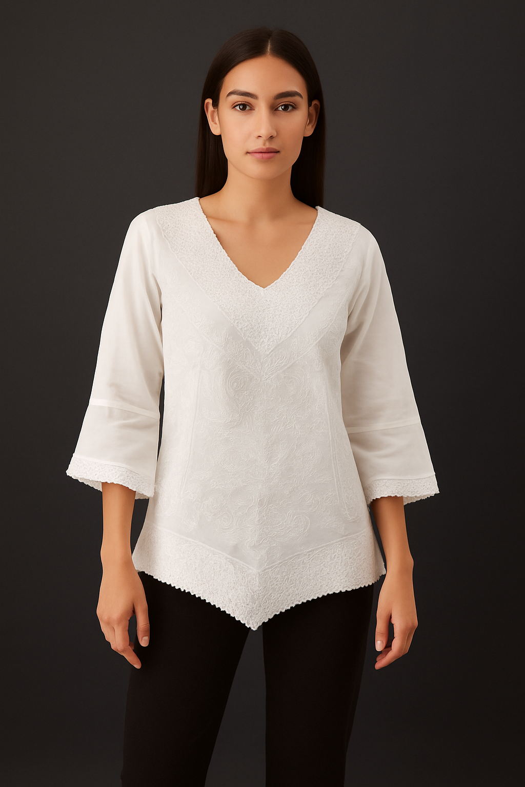 V Neck White Chikankari Style Cotton Linen Kurti