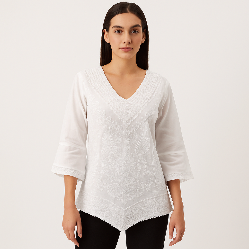 V Neck White Chikankari Style Cotton Linen Kurti