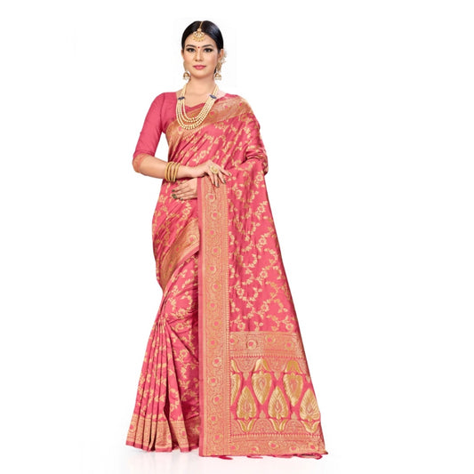 Peach banarasi silk saree for women — full drape view