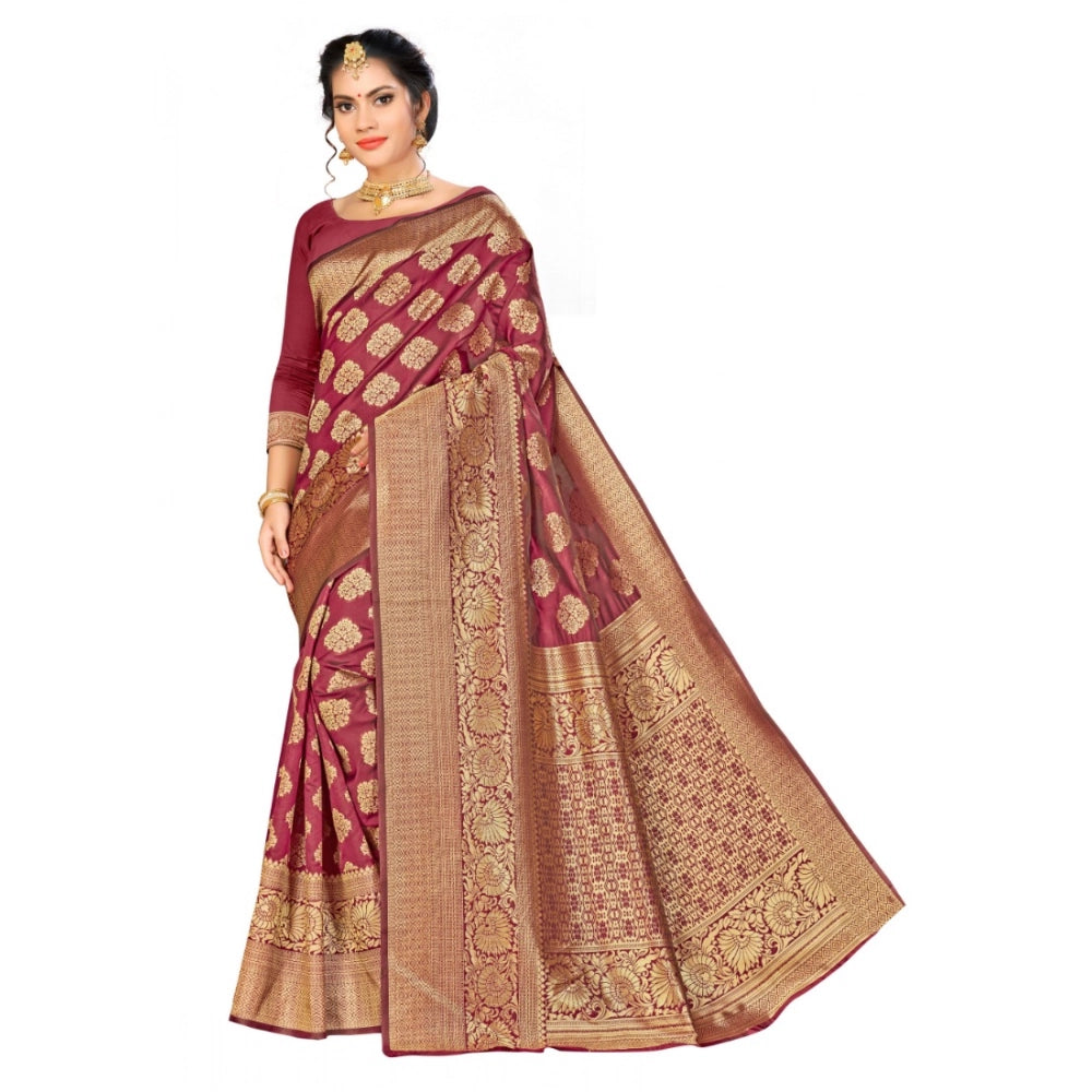 Maroon banarasi silk saree for women — full drape view