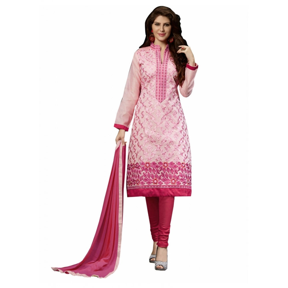 Pink chanderi unstitched salwar suit material — full set view