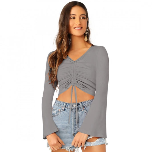 Grey polyester-spandex blend top for women — front view