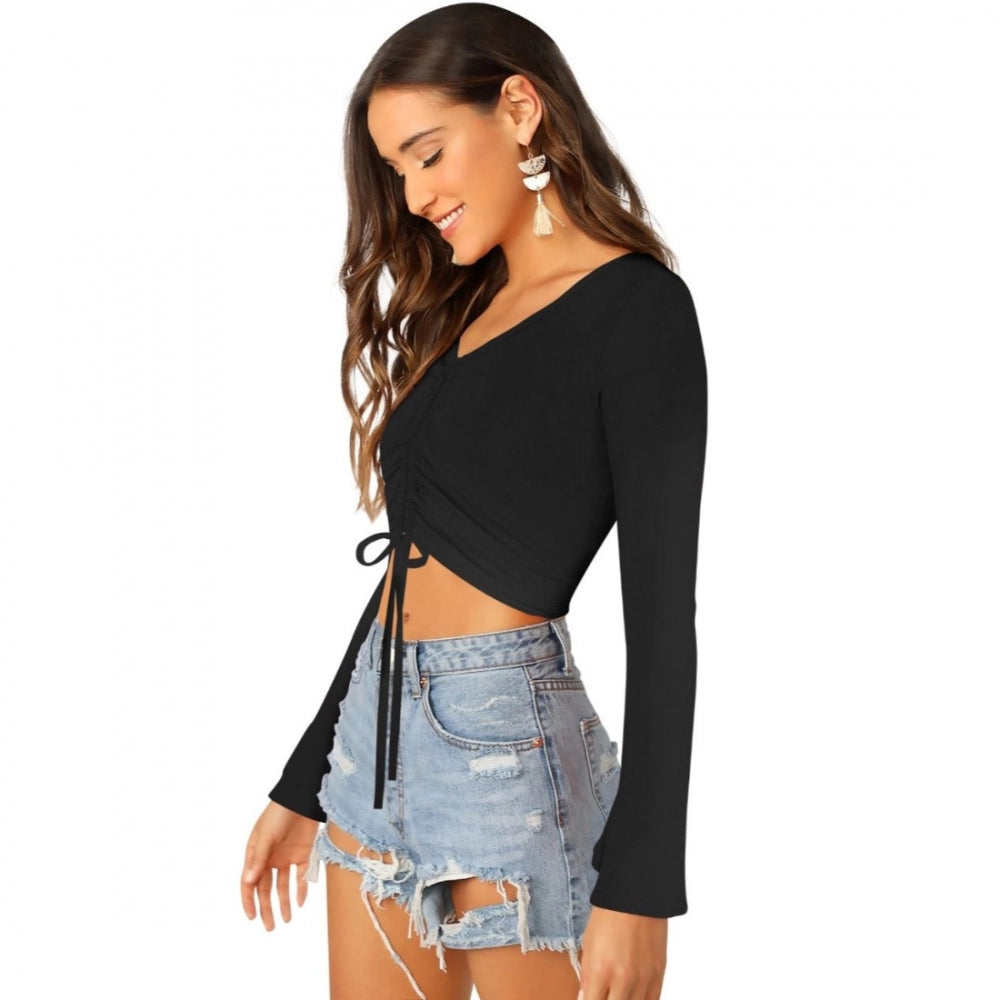 Black polyester-spandex blend top for women — detail view