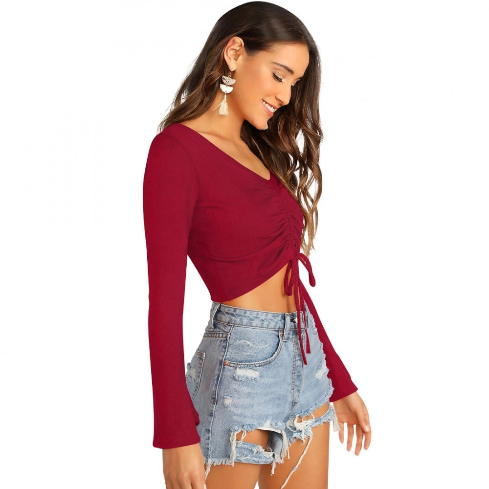 Maroon polyester-spandex blend top for women — full look