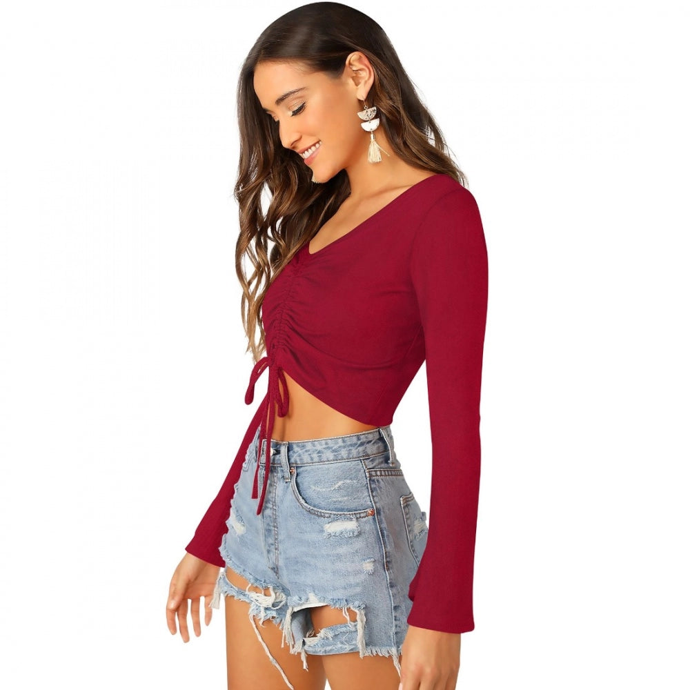 Maroon polyester-spandex blend top for women — detail view