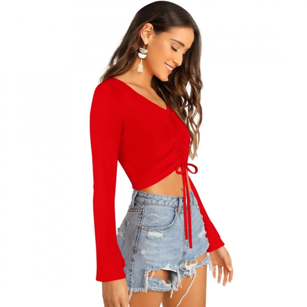 Red polyester-spandex blend top for women — full look