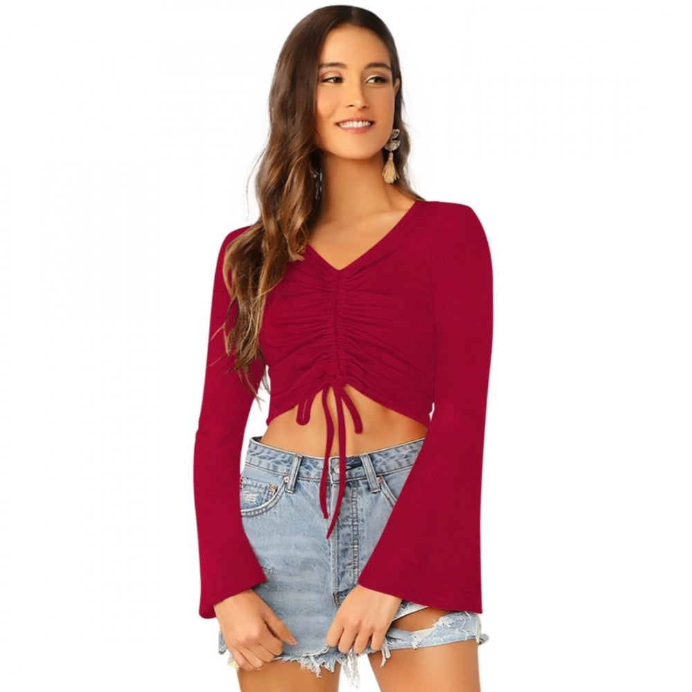Maroon polyester-spandex blend top for women — front view
