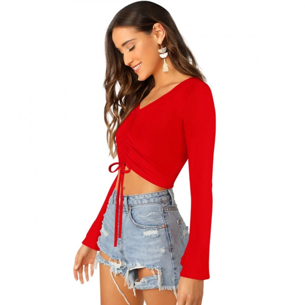 Red polyester-spandex blend top for women — detail view