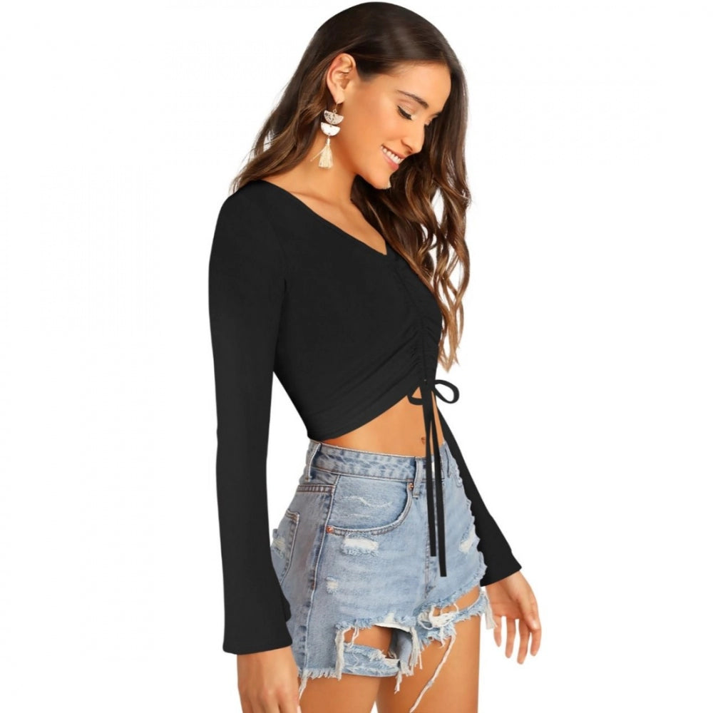 Black polyester-spandex blend top for women — full look