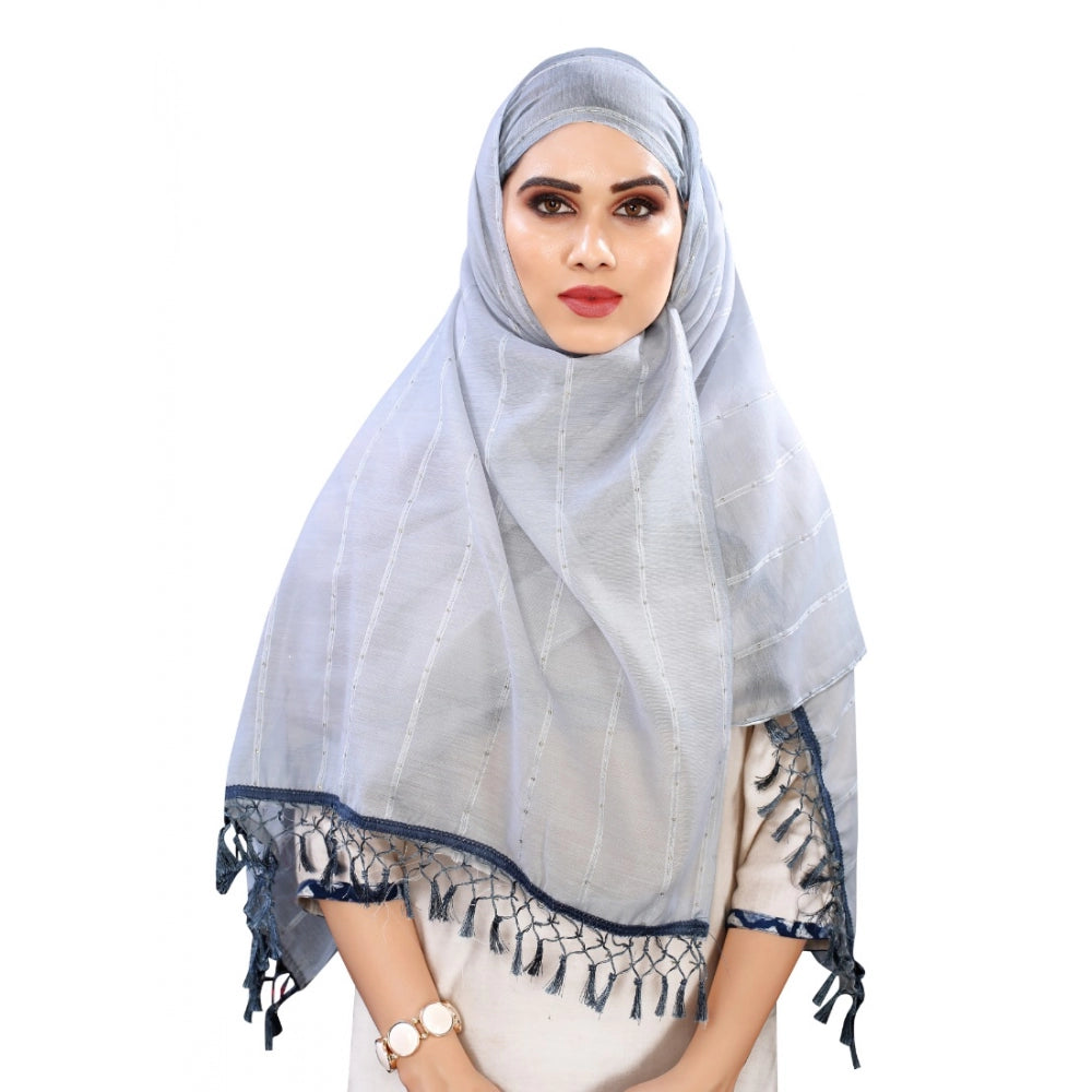 Women's Cotton Silk Strips Printed Dupatta (Grey, Length:2-2.4 mtr)