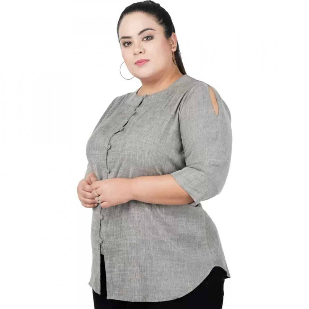 Grey cotton-linen blend top for women — detail view