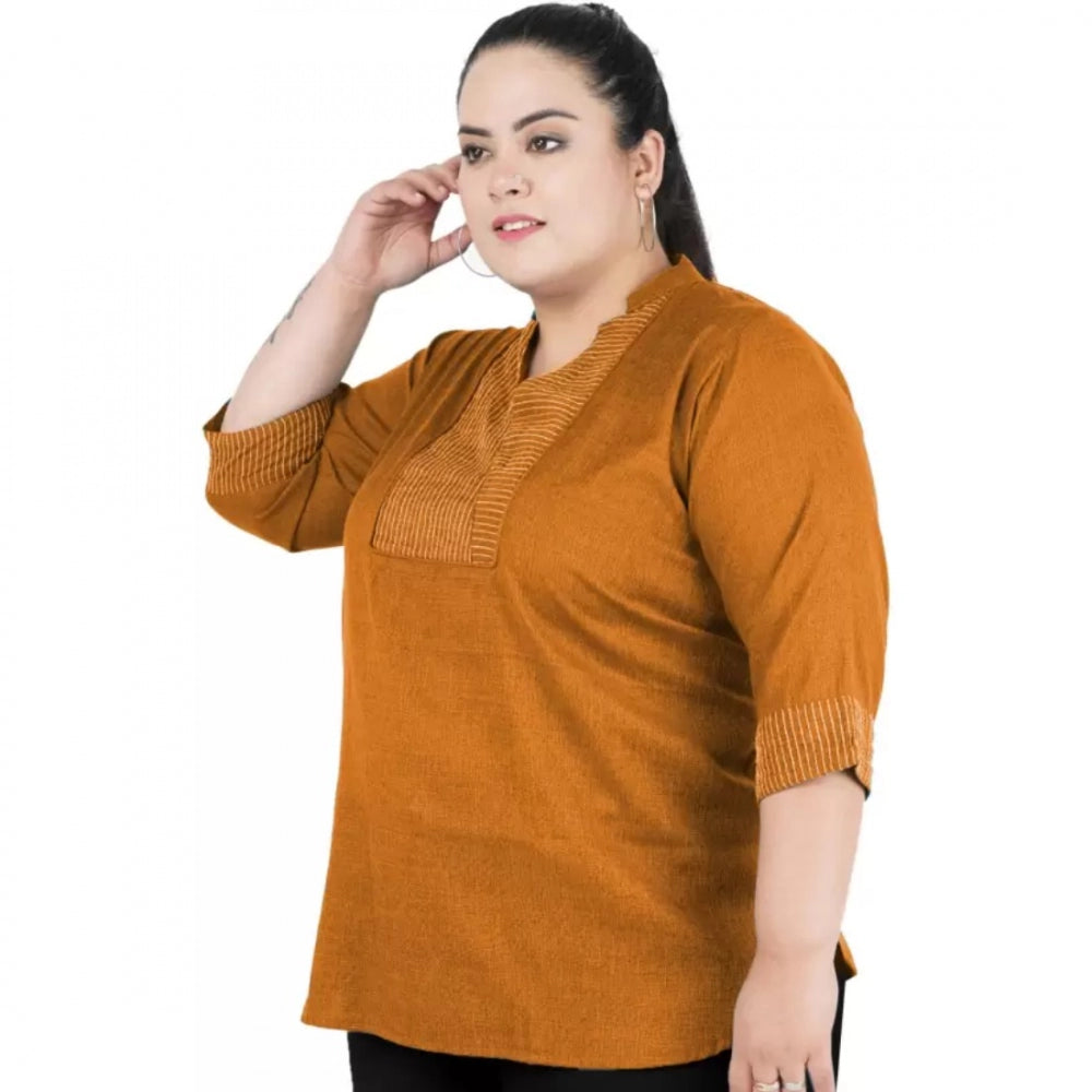 Yellow cotton-linen blend top for women — full look