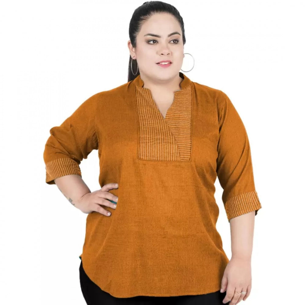 Yellow cotton-linen blend top for women — front view