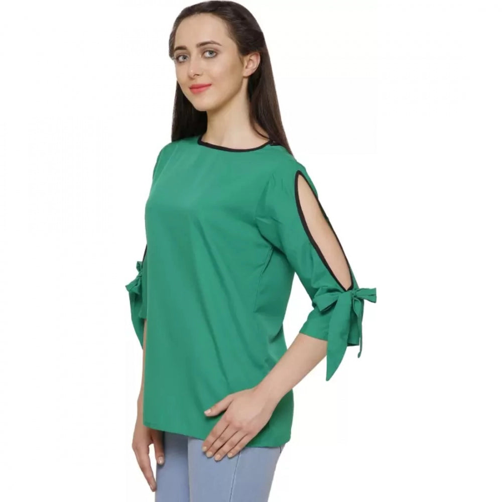 Green poly crepe top for women — full look