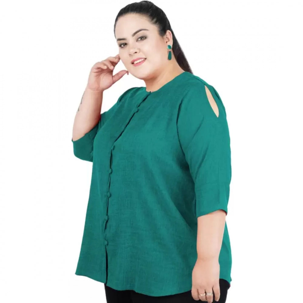 Green cotton-linen blend top for women — full look