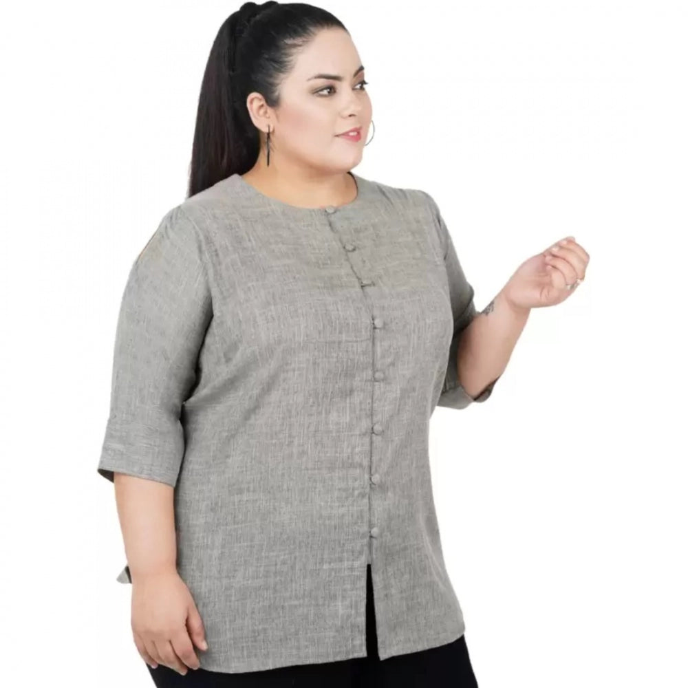 Grey cotton-linen blend top for women — full look