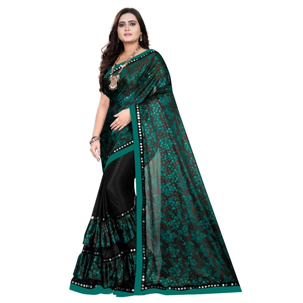 Green lycra blend saree for women — full drape view