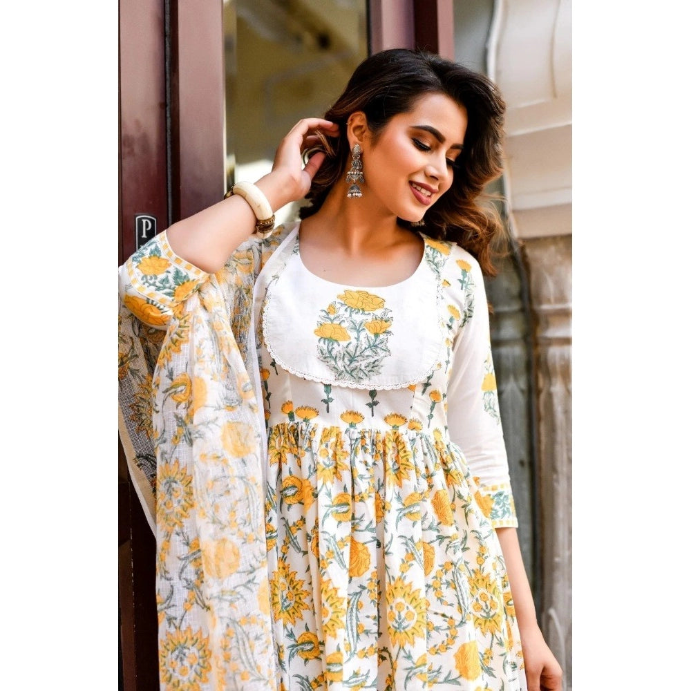Women's Cotton Blend Printed Work Kurti With Bottom And Dupatta Set (Yellow)