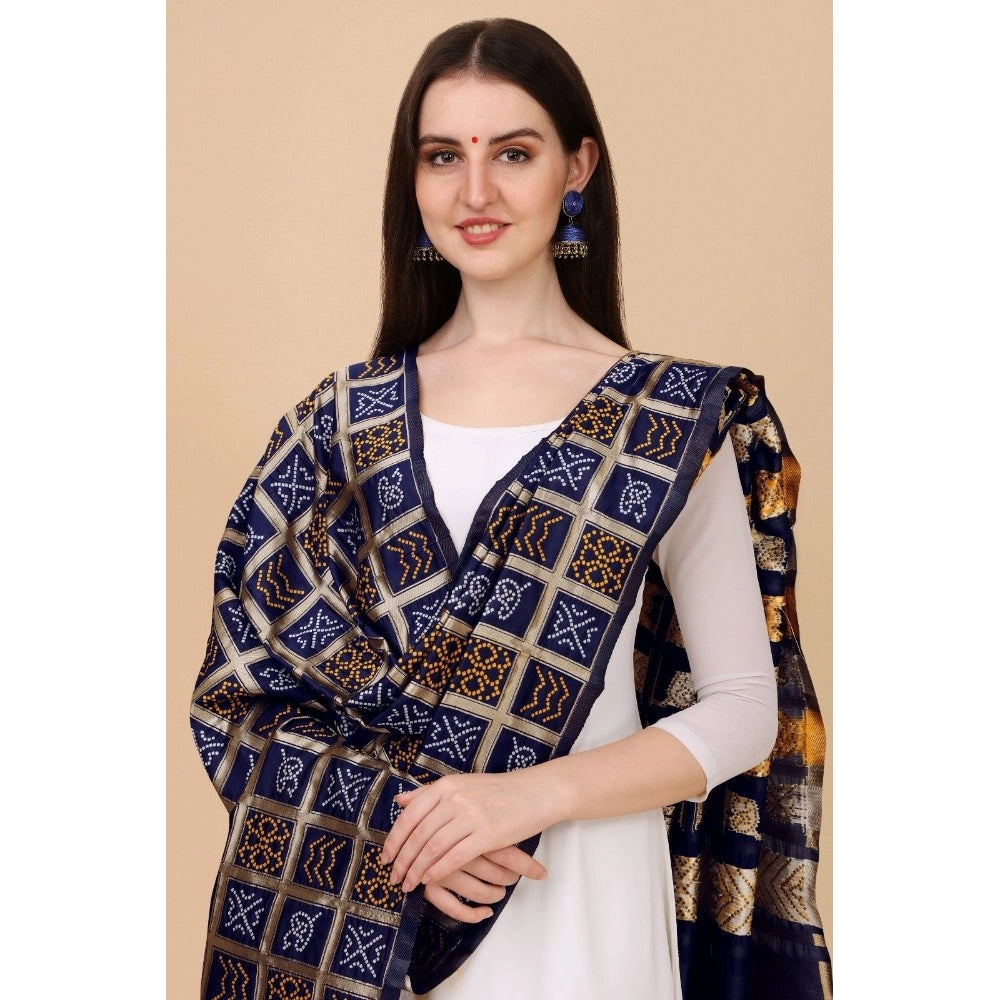 Women's Silk Pure weaving Work Duppatta (Navy Blue, Length: 2-2.3 Mtrs)