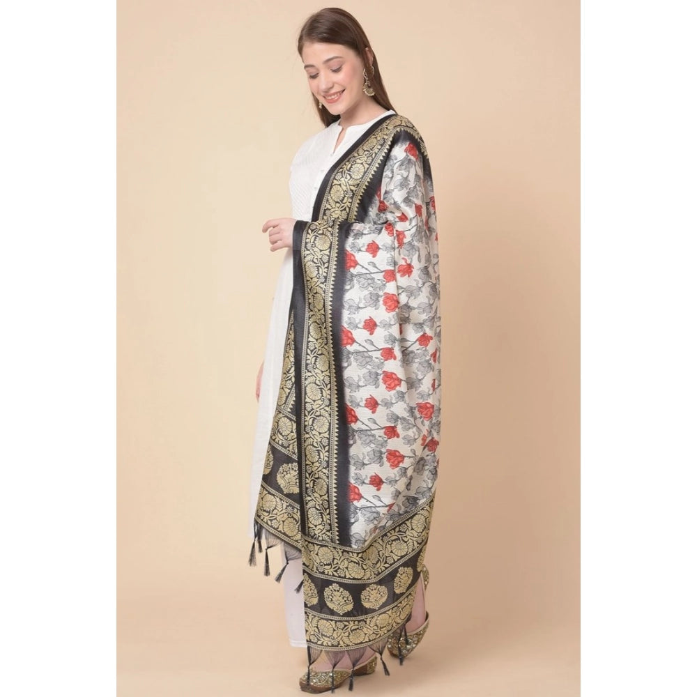 Women's Art Silk Printed Dupatta (Black, Length: 2.25 to 2.50 Mtr)