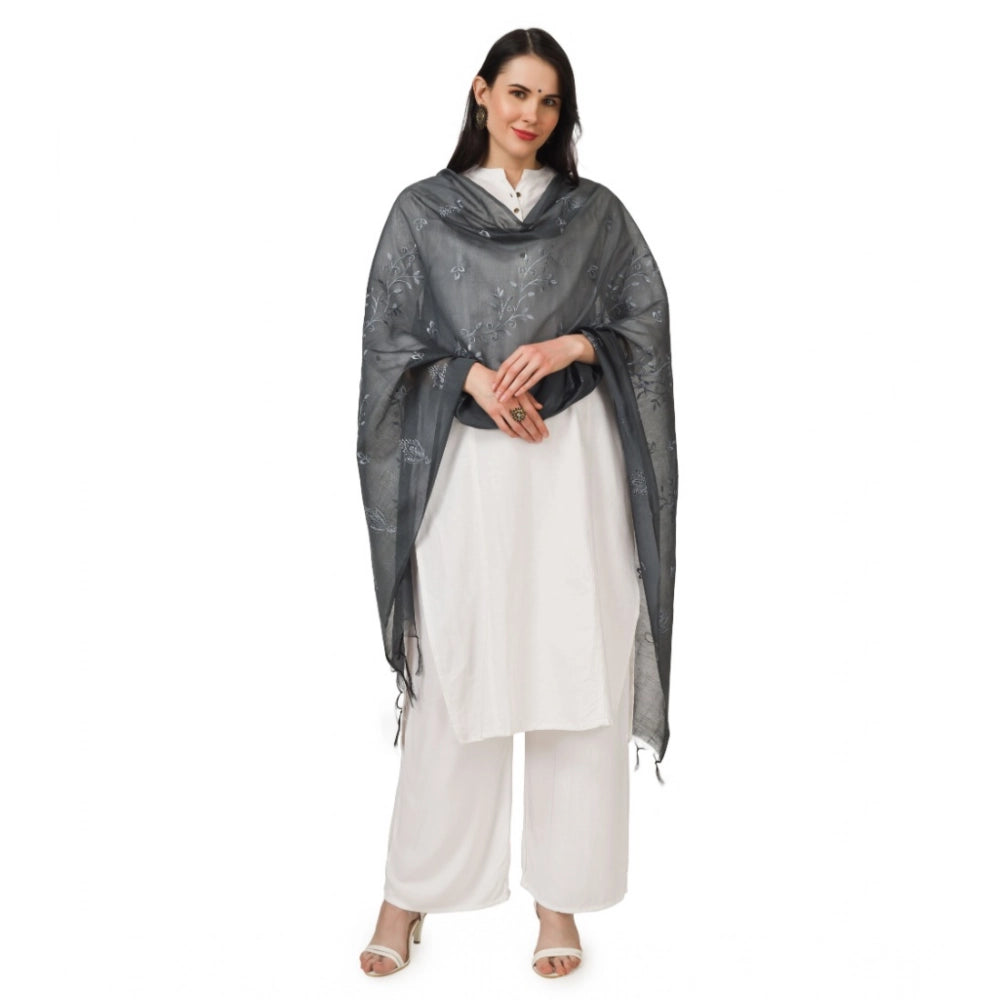 Women's Cotton Embroidered Dupatta (Grey, Length: 2.25 to 2.50 Mtr)
