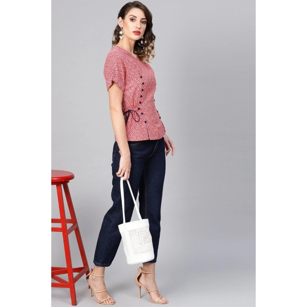 Red rayon top for women — full look