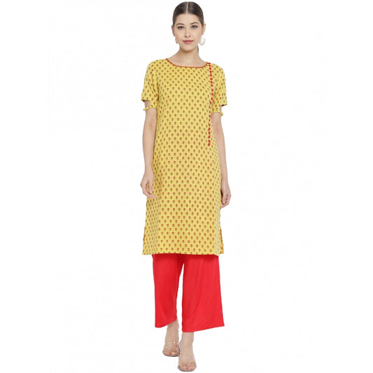 Women's Casual Short Sleeves Floral Printed Cotton &amp; Rayon Kurti Palazzo Set (Yellow &amp; Red)