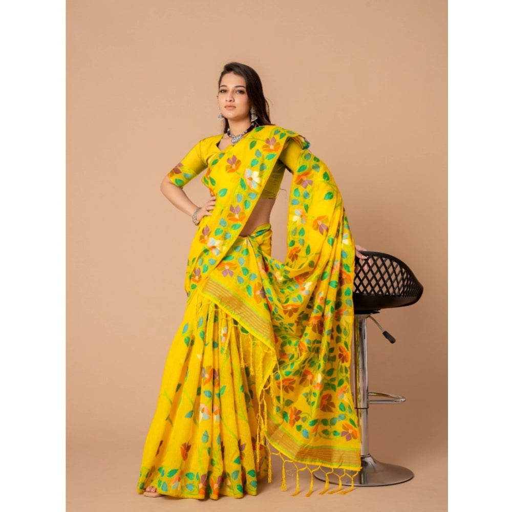 Women's Cotton Printed Saree With Unstitched Blouse (Yellow, 5-6 Mtrs)