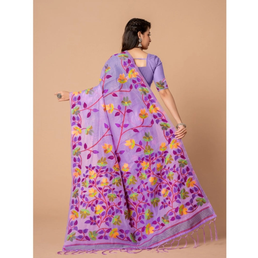 Women's Cotton Printed Saree With Unstitched Blouse (Lavender, 5-6 Mtrs)