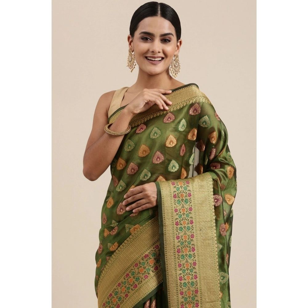 Women's Organza Printed Saree With Unstitched Blouse (Mahendi, 5-6 Mtrs)