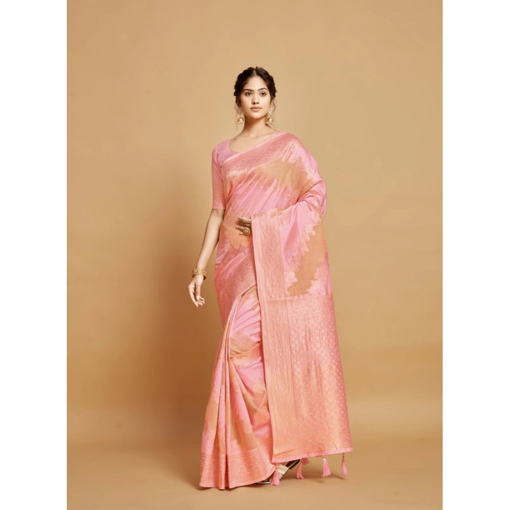 Women's Linen Printed Saree With Unstitched Blouse (Pink, 5-6 Mtrs)