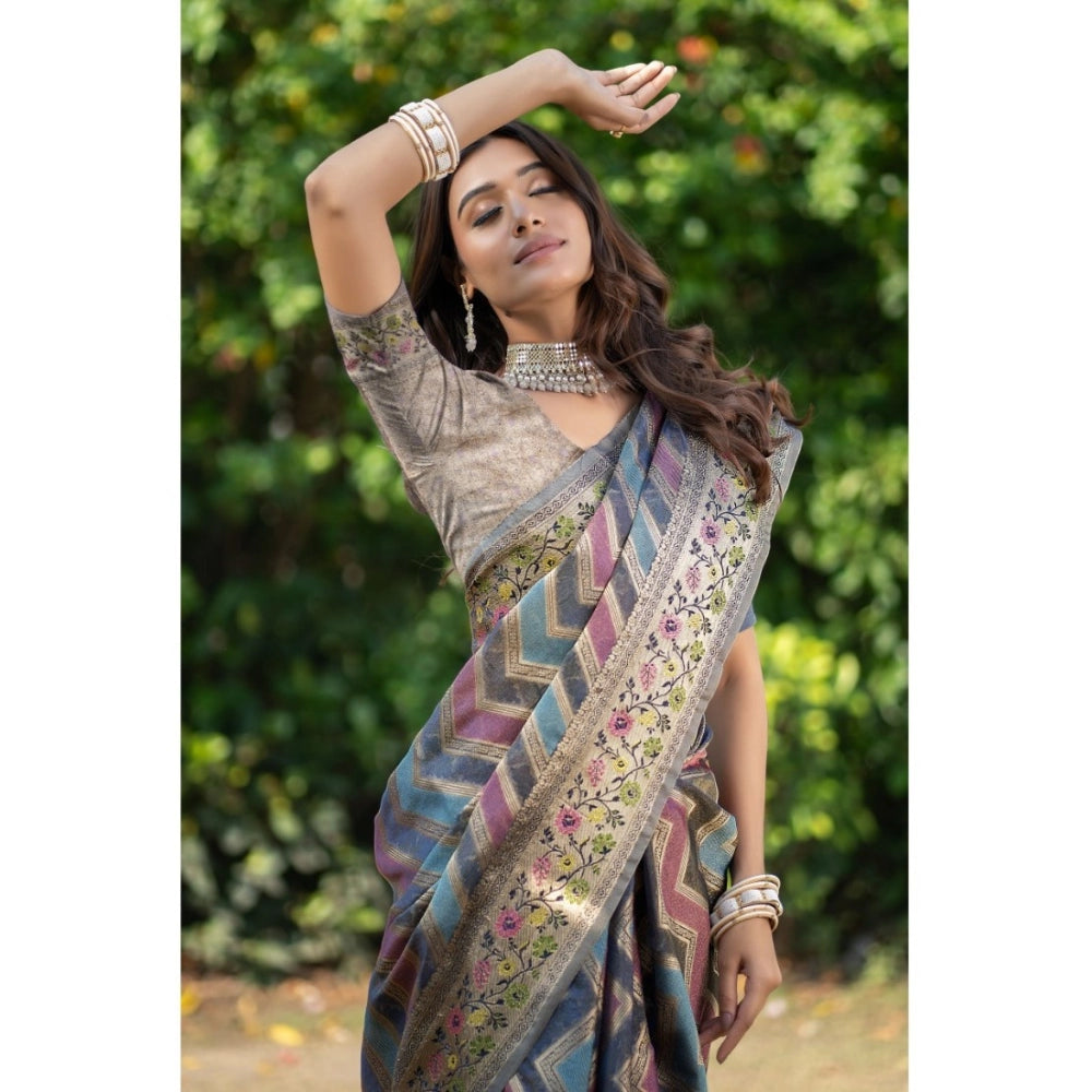 Women's Organza Printed Saree With Unstitched Blouse (Teal, 5-6 Mtrs)
