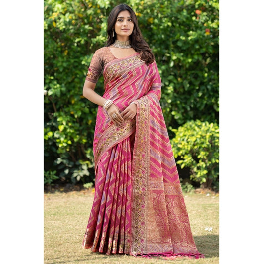 Women's Organza Printed Saree With Unstitched Blouse (Pink, 5-6 Mtrs)