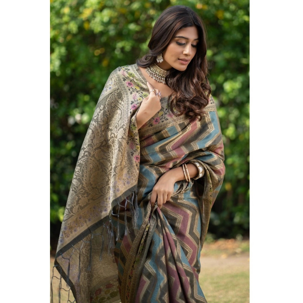 Women's Organza Printed Saree With Unstitched Blouse (Grey, 5-6 Mtrs)