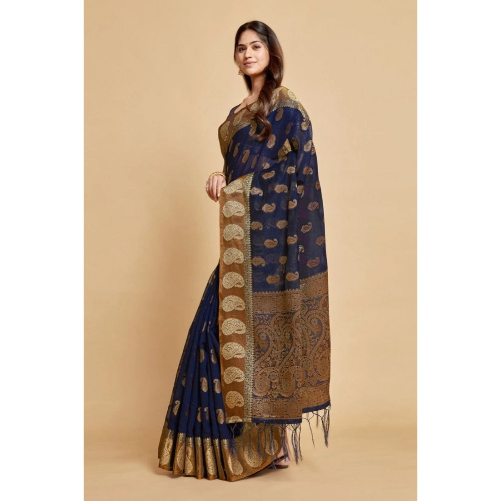 Women's Chanderi Cotton Printed Saree With Unstitched Blouse (Navy Blue, 5-6 Mtrs)