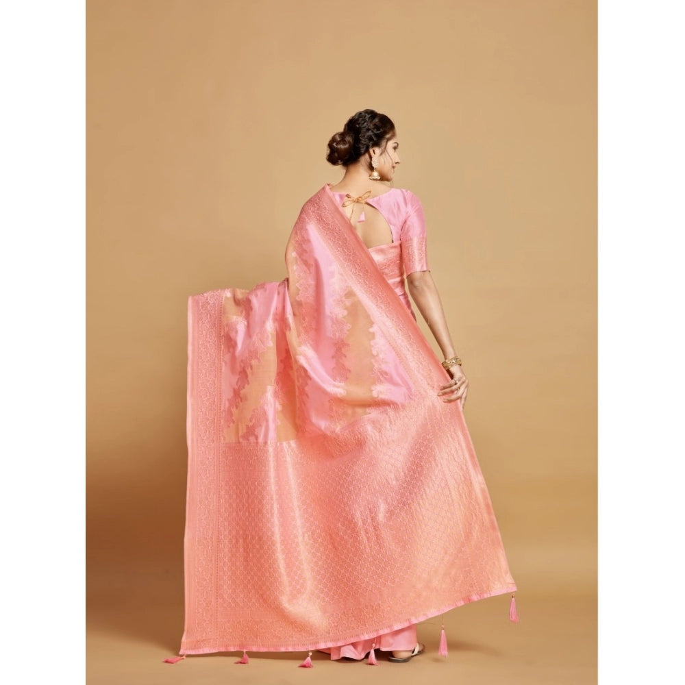 Women's Linen Printed Saree With Unstitched Blouse (Pink, 5-6 Mtrs)