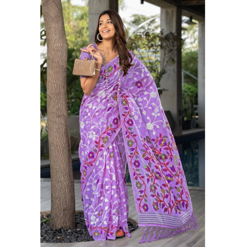 Women's Cotton Printed Saree With Unstitched Blouse (Lavender, 5-6 Mtrs)