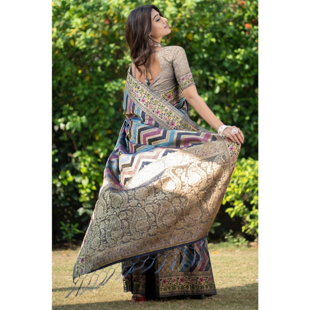 Women's Organza Printed Saree With Unstitched Blouse (Teal, 5-6 Mtrs)