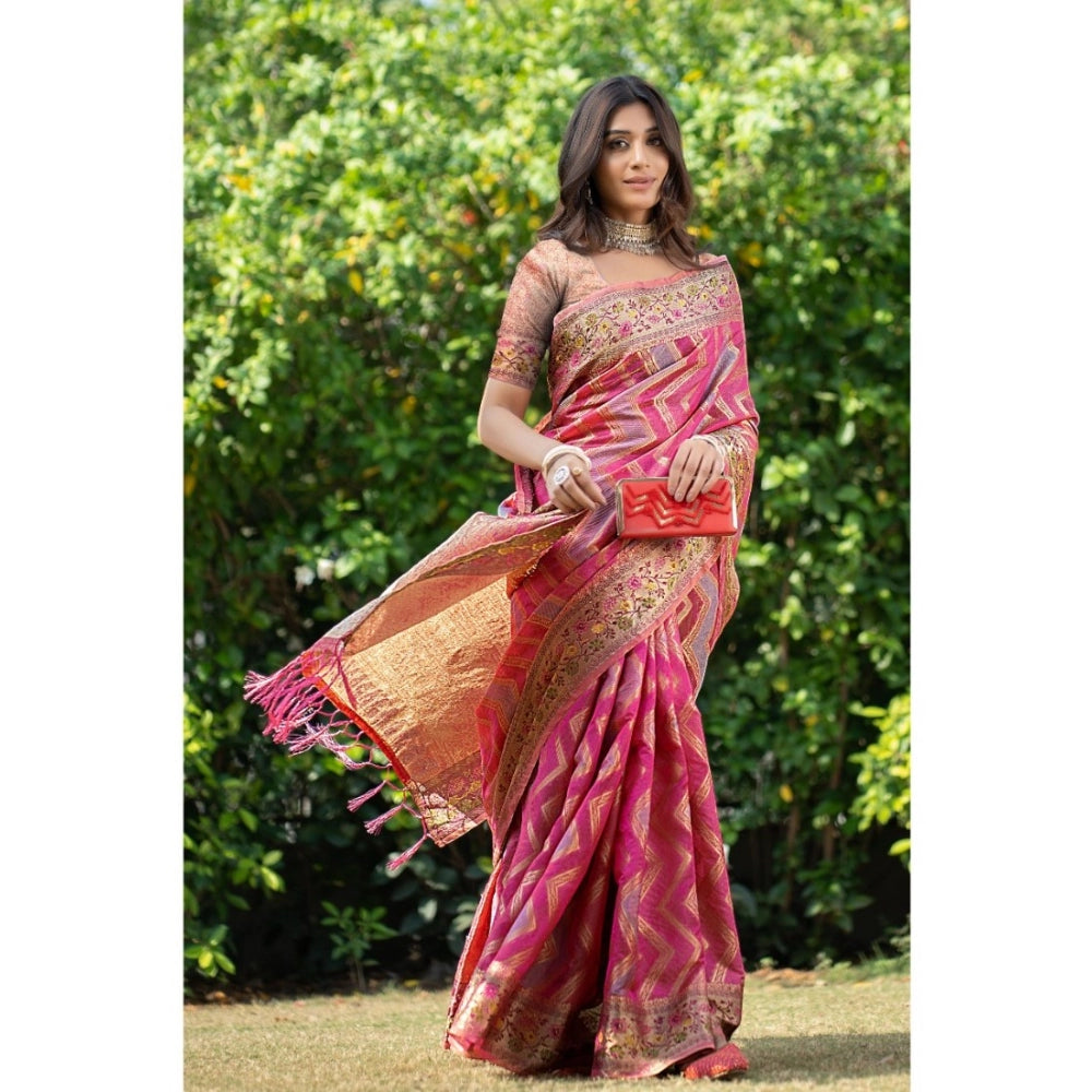 Women's Organza Printed Saree With Unstitched Blouse (Pink, 5-6 Mtrs)