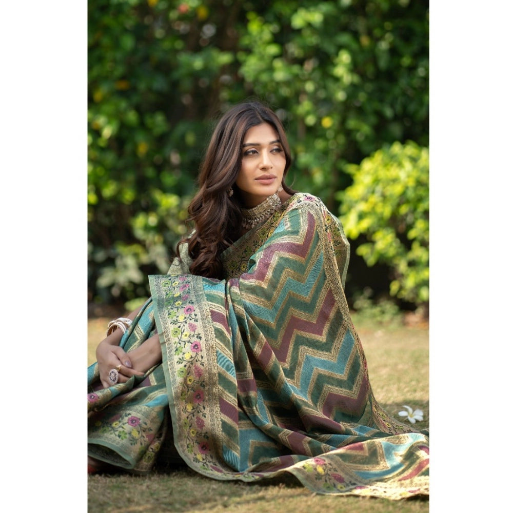 Women's Organza Printed Saree With Unstitched Blouse (Green, 5-6 Mtrs)