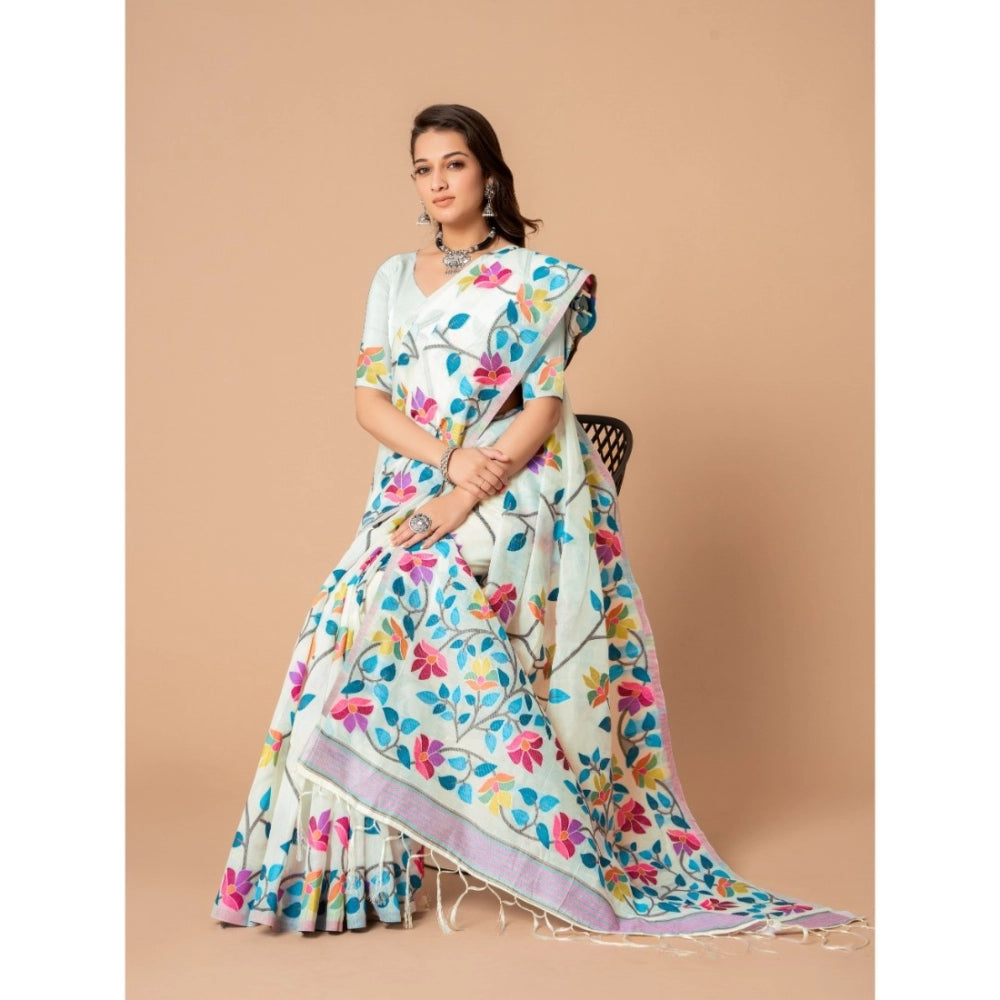 Women's Cotton Printed Saree With Unstitched Blouse (White, 5-6 Mtrs)