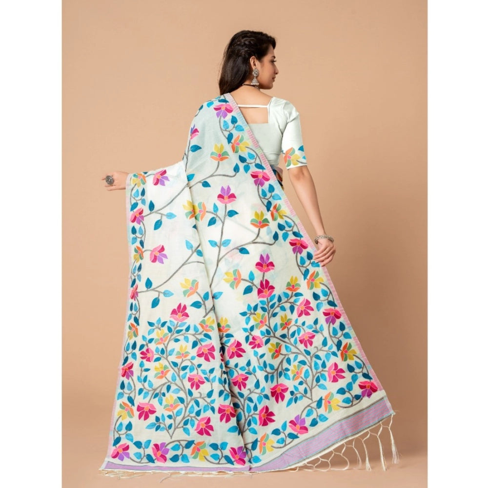 Women's Cotton Printed Saree With Unstitched Blouse (White, 5-6 Mtrs)
