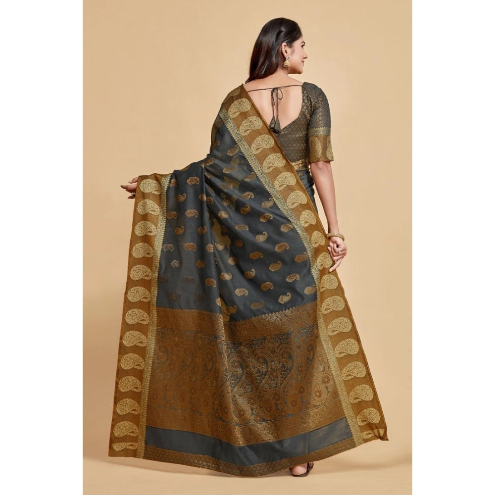 Women's Chanderi Cotton Printed Saree With Unstitched Blouse (Grey, 5-6 Mtrs)