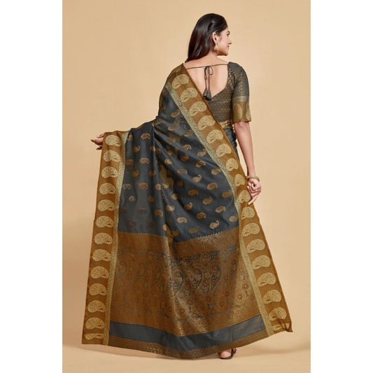 Women's Chanderi Cotton Printed Saree With Unstitched Blouse (Grey, 5-6 Mtrs)