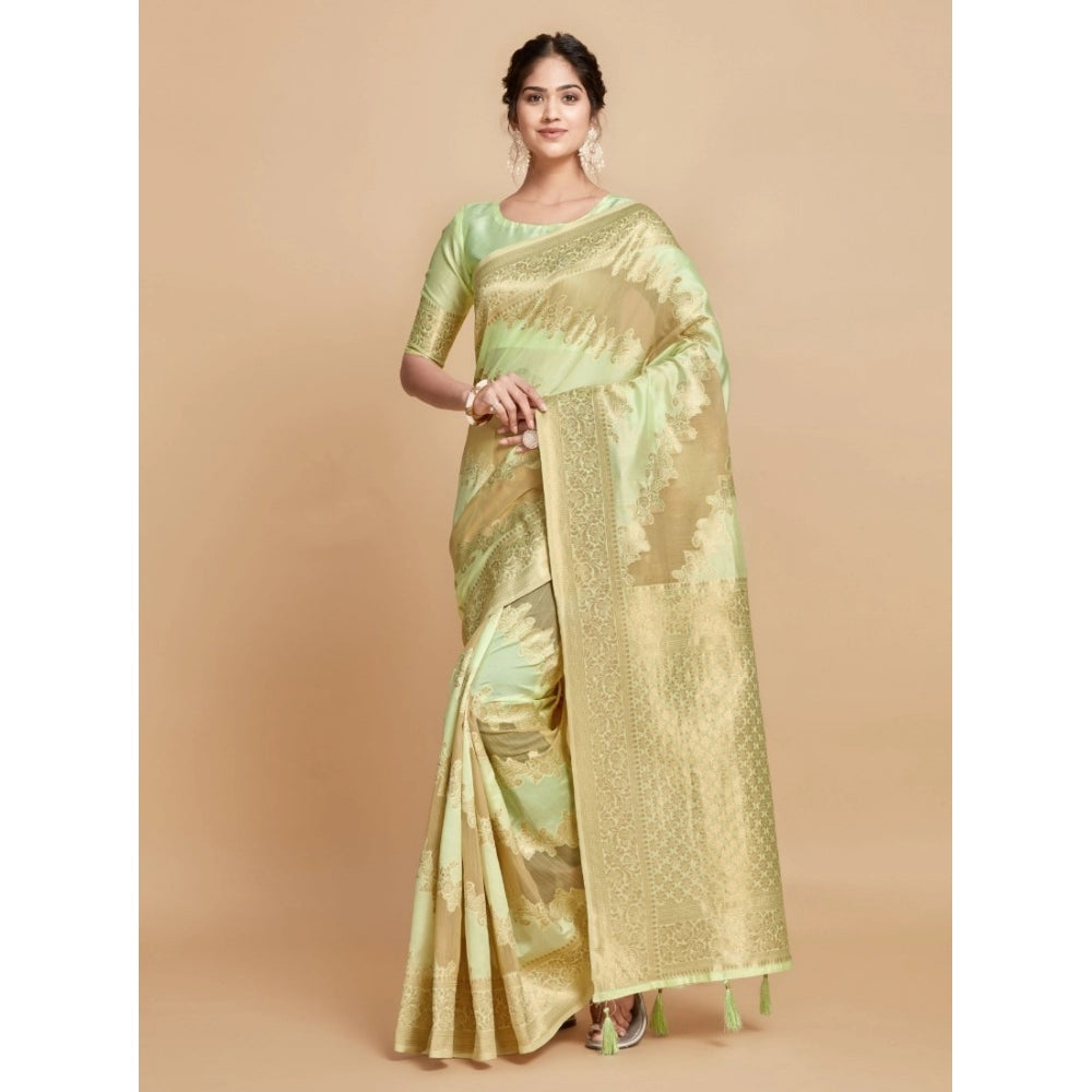 Women's Linen Printed Saree With Unstitched Blouse (Pista, 5-6 Mtrs)
