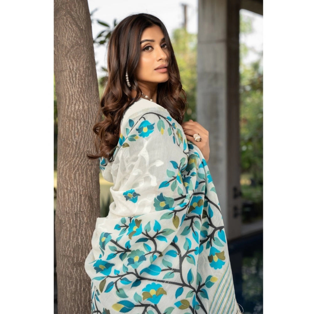 Women's Cotton Printed Saree With Unstitched Blouse (White, 5-6 Mtrs)