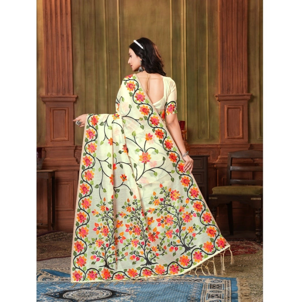 Women's Organza Printed Saree With Unstitched Blouse (White, 5-6 Mtrs)