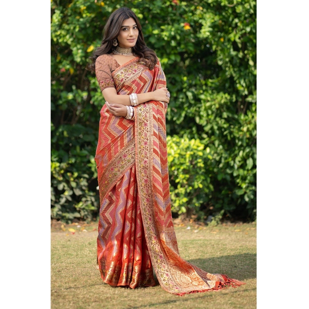 Women's Organza Printed Saree With Unstitched Blouse (Orange, 5-6 Mtrs)
