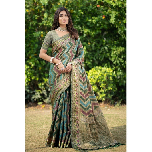 Women's Organza Printed Saree With Unstitched Blouse (Green, 5-6 Mtrs)